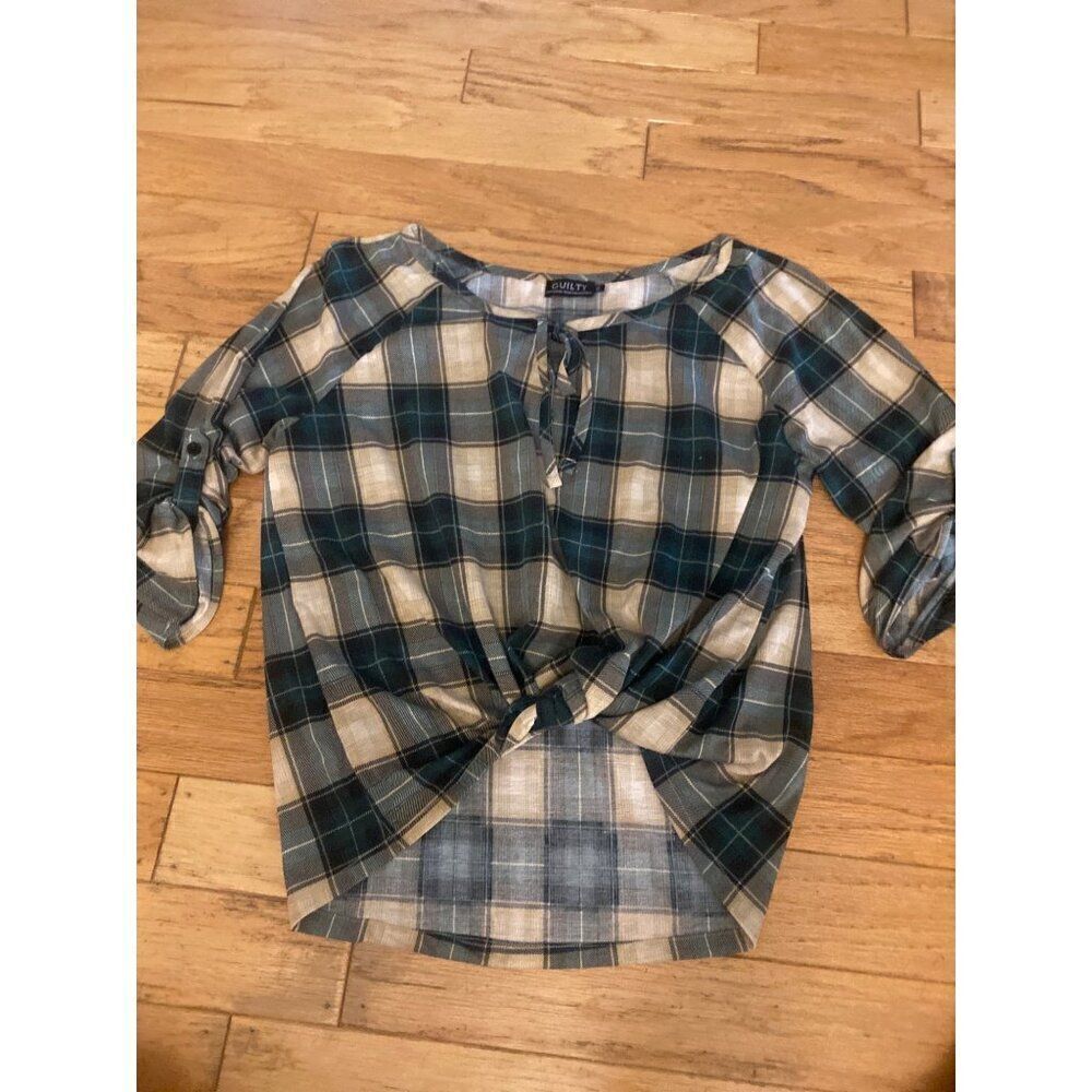 Guilty women's green casual Plaid Tie-Front Top With 3/4 Sleeves size Large